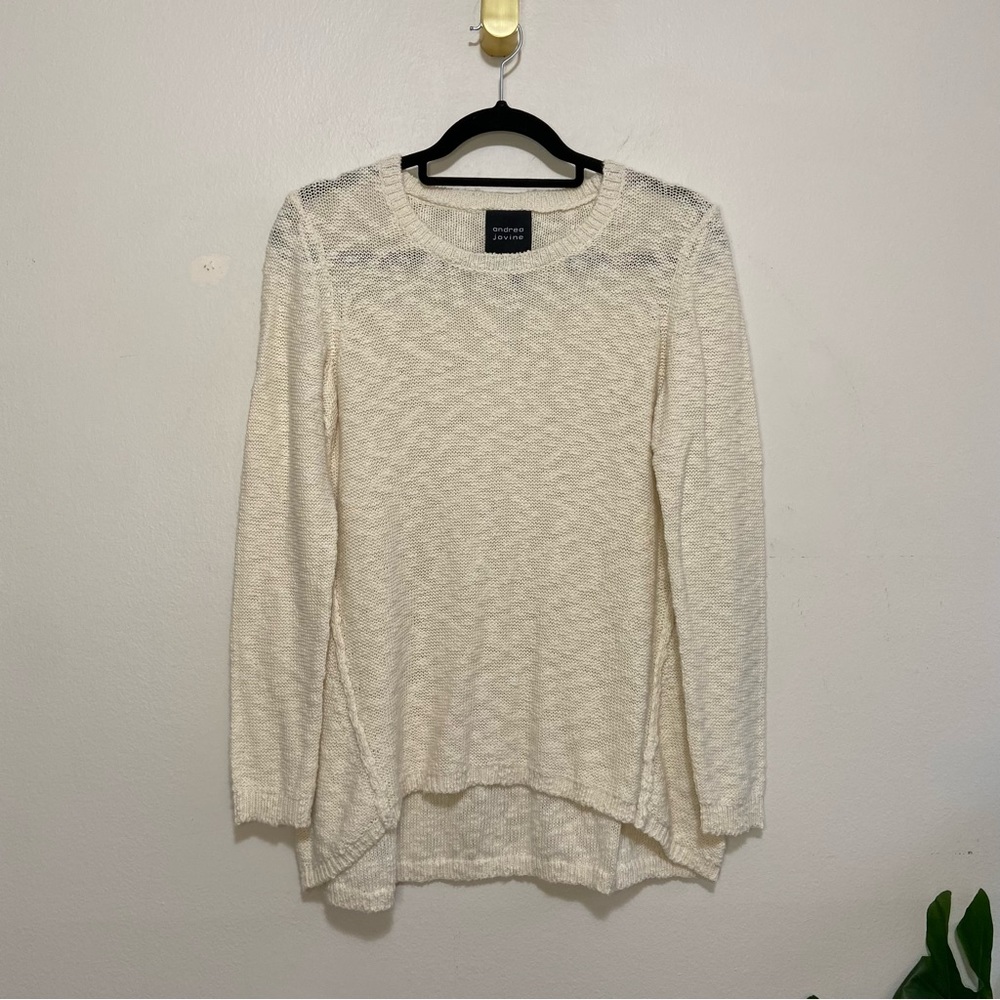 Andrea Jovine Cream White Slub Knit Relaxed Fit Crewneck Sweater